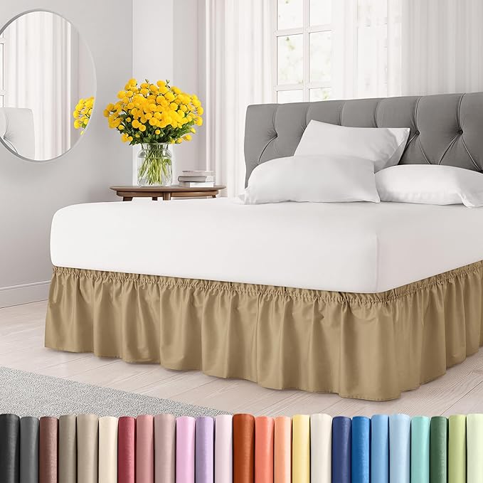 Wrap Around Dust Ruffle Bed Skirt - Beige - for Queen Size Beds w/ 16 Inch Drop - Easy Fit Elastic Strap - Adjustable Pleated Bedskirt w/Brushed Fabric, Wrinkle & Fade Free Women, Men, Kids & Teens