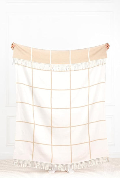 Hofdeco Premium Coastal Decorative Throw Blanket for Patio Couch Sofa, Neutral Tan Plaid with Fringe, 52"x71"