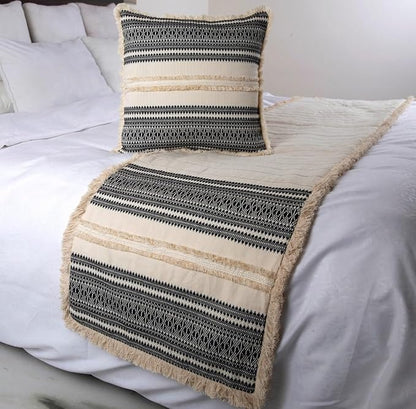 The HomeCentric Beige Bed Runner Without Pillow Cover, Twin Size 53"x18" Decorative Bed Runner, Beige & Black Linen Bed Scarf in Quilted, Natural Linen with Lace - Moroccan Vibe