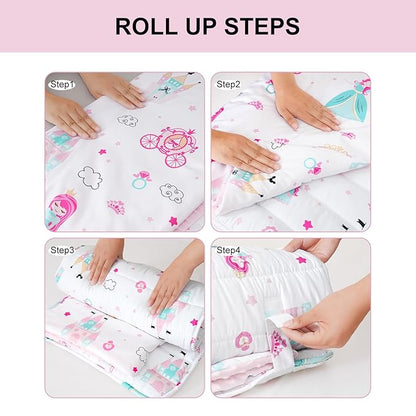 david's kids Toddler Nap Mat with Removable Pillow and Minky Fleece Blanket, Ultra Soft Slumber Bags for Girls, Perfect for Preschool, Daycare, Kids Sleeping Bags with Rollup Design, 50"x20", Princess