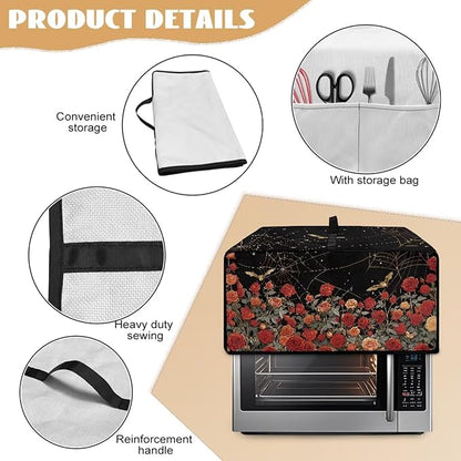 Red Rose Bat Cobweb Print Microwave Oven Dust Cover Polyester-Linen Fabric Dust Cover for Microwave Oven Universal Dust-Proof Kitchen Appliance Protector Fits Most Microwaves, M