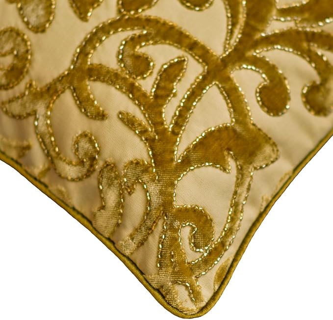 The HomeCentric King/Queen/Twin Beige Gold Decorative Bed Runner CA King 86"x18" Bed Runner with One Pillow Cover, Cut Velvet, Beaded Bed Scarf on Velvet Fabric - Serene Symphony