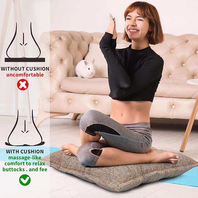 SINSOSSO Large Floor Pillow 22", Thickened Bite-Size Memory Foam Square Non-Slip Cushion for Office Back Support/Indoor Yoga/Chair Seat, Fashionable Color-blocked Fabric & Washable, Light Brown, 1 PCS