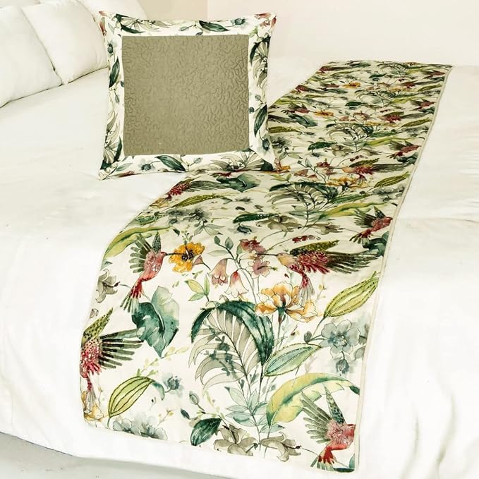The HomeCentric King Queen Twin Ivory & Multi Designer CA King 86"x18" Bed Runner with Pillow Cover, Bird, Sequins & Beaded Bed Scarf on Cotton Fabric - Exotic Birds
