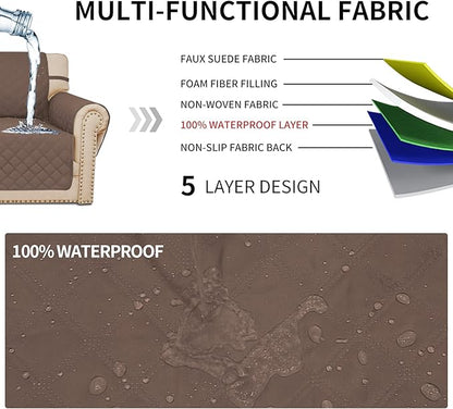 Easy-Going Sofa Slipcover Waterproof Sofa Cover Couch Cover for 4 Cushion Couch with Elastic Straps Washable Non-Slip Furniture Protector Cover for Pets, Dogs, Cat (XX-Large, Brown)