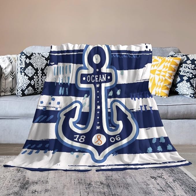 Nautical Anchor Blanket Modern Cartoon Anchor Ocean Adventure Blue White Soft Cozy Lightweight Throw Blanket for Kids Boys Men Bedroom Living Room Dorm Chair Sofa Travel 60x80in