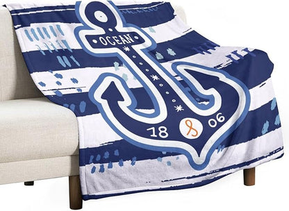 Nautical Anchor Blanket Modern Cartoon Anchor Ocean Adventure Blue White Soft Cozy Lightweight Throw Blanket for Kids Boys Men Bedroom Living Room Dorm Chair Sofa Travel 40x50in