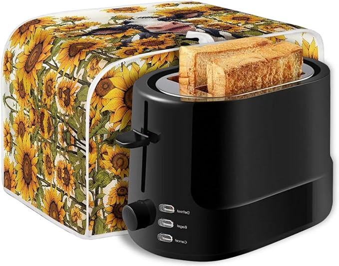 Sunflower Cow Printed Toaster Cover for 4 Slice Bread Maker, Anti Fingerprint Oven Dust Protector, Small Kitchen Appliance