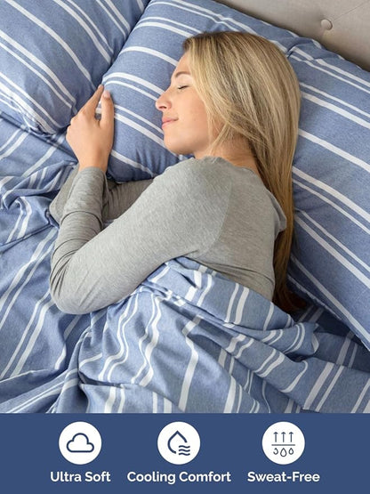 Extra Deep Full Sheet Set - 6 Piece Breathable and Cooling Sheets - Hotel Luxury Bed Sheets Set - Easy Fit - Soft, Wrinkle Free and Comfy Sheets Set - Blue Striped Sheet Set with Extra Deep Pockets