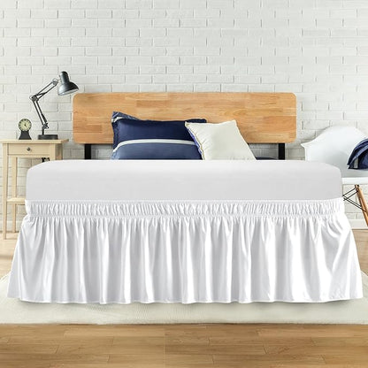 Twin Bed Skirt, Elastic Wrap Around Bed Skirt Twin Size, Bed Skirts for Adjustable Bed, Easy Fit with 14" Drop Length Tailored Drop Dust Ruffle (White)