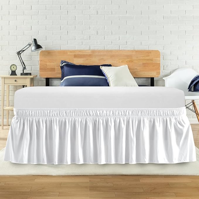 King Bed Skirt, Elastic Wrap Around Bed Skirt King Size, Bed Skirts for Adjustable Bed, Easy Fit with 14" Drop Length Tailored Drop Dust Ruffle (White)