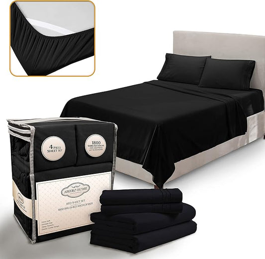 California King Sheet Sets - Luxury Hotel Bed Sheets - Soft Cooling Sheets with Elastic Corner Straps - Deep Pocket Microfiber - Bedding Sheet & Pillowcases - 4 PC (Cal King Size, Black)