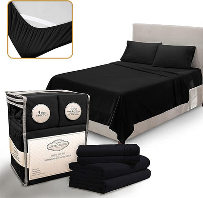 King Size Sheets Set Cooling - Luxury Hotel Sheets - Soft Bed Sheet with Elastic Corner Straps - Deep Pockets Microfiber Bedsheet - Bedding Sheet & Pillowcases - 4 Piece (King, Black)