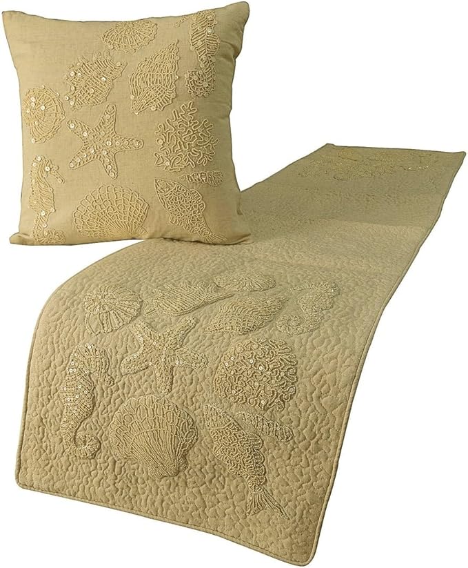 The HomeCentric King Queen Twin Beige Handmade CA King 86"x18" Bed Runner with 2 Pillow Cover, Pearl Embroidery Bed Scarf on Linen Fabric - Off to The Sea