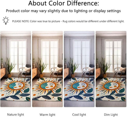 5x7 Sun and Moon Area Rug Leaf Orange Yellow Blue Beige Rug Non Slip Low Pile Large Carpet for Home Kitchen Living Room Bedroom Dining Room Office