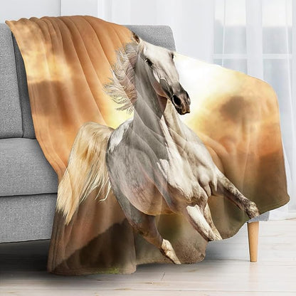 White Horse Throw Blanket for Couch, Super Soft Fuzzy Throws Warm Comfortable Plush Fleece Blanket, Fashion Decorative Flannel Fleece Blanket for All Season(50 x 60 in, White Horse& Sunset)