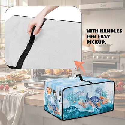 Microwave Oven Dust Cover Air Fryer Toaster Oven Protector with Storage Pockets, Stain-resistant for Small Appliances, S, 14.5 x 18.5 x 9 Inches, Sea Turtle Coral Reef Blue