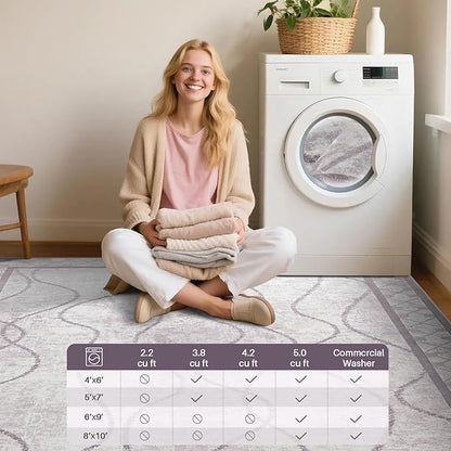 4x6 Area Rugs for Living Room Bedroom, Machine Washable Low Pile Rugs, Non Slip Modern Bordered Print Indoor Carpet for Entryway Office Dining Room Dorm Home Decor, Purple