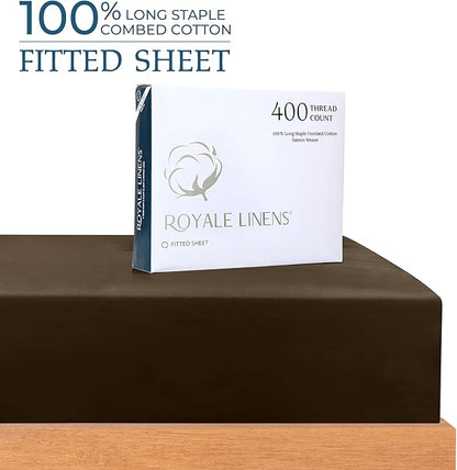 Royale Linens 400 Thread Count 100% American Grown Cotton Fitted Sheet Queen Size - All Around Elastic Fitted Sheet - Luxury Sateen Weave - Snug Fit Bottom Sheets Fit Up to 16" (Queen,Hazel Nut)