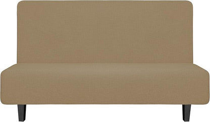 Easy-Going Stretch Futon Slipcover Armless Futon Bed Cover Furniture Protector Without Armrests with Elastic Bottom for Kids, Soft Jacquard Fabric Small Checks (Medium, Tan)