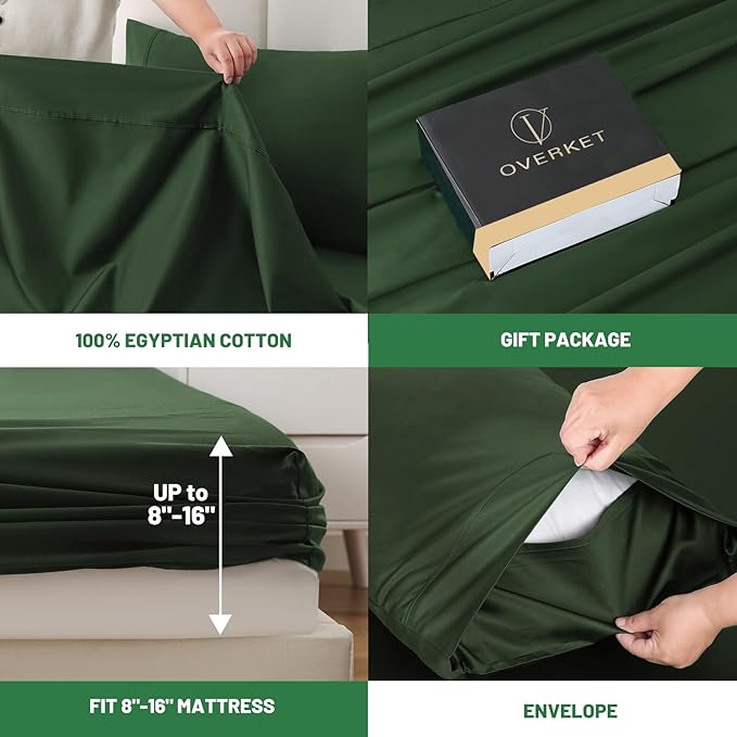 1000 Thread Count Egyptian Cotton Sheets Queen Size Set 4PCS Sateen Weave Soft Breathable 16-Inch Deep Pocket（Queen,Forest Green）