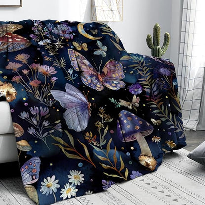 Celestial Witch Garden Throw Blankets Butterfly Moon Flower Fleece Throw Blanket,Dark Botanical Floral Plant Boho Cozy Decor Nap Blankets for Sofa Bed Couch Chair or Dorm Throws 40"x50"
