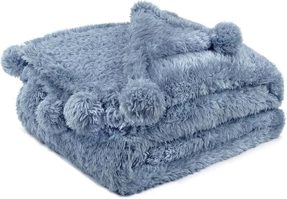 Pavilia Blue Sherpa Throw Blanket for Couch, Warm Plush Fuzzy Blanket Throw with Pom Poms, Dusty Blue, 60x80