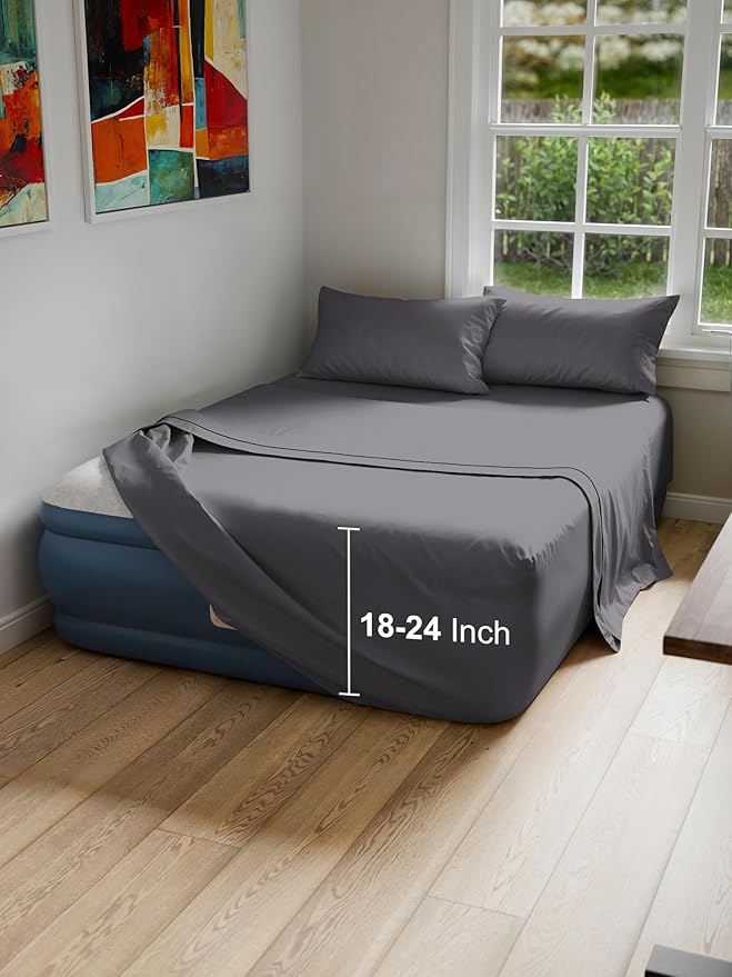 Air Mattress Sheet Set for Full Size - 4 Piece Breathable & Cooling Sheets w/Extra Deep Pockets - Fits Inflatable & Blow Up Air Mattresses Up to 24 Inches Thick - Soft and Wrinkle Free - Dark Grey