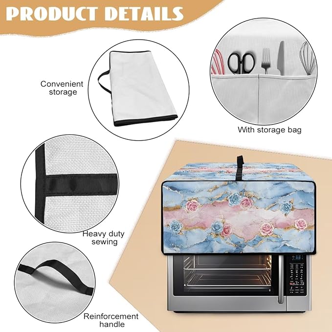 Rose Marble Texture Print Microwave Oven Grill Cover Protector Polyester-Linen Fabric Microwave Oven Dust Cover with Storage Bags Case Protections for Toaster Oven, S