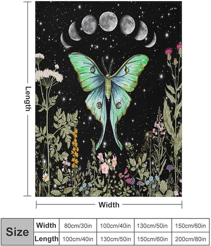 Moth Floral Flannel Blanket, Gothic Witchy Moon Phase Botanical Vintage Wildflower Plantsprint Soft Warm Fuzzy Throw Blanket for Couch Sofa Office Bed, 60"x80"