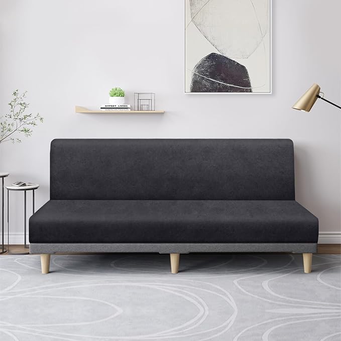 molasofa Leather Like Stretch Futon Slipcover Armless Futon Bed Sofa Cover Furniture Protector with Elastic Bottom, Soft and Washable Futon Cover for Sofa Bed Stay in Place（Larger，Dark Grey）