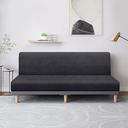 molasofa Leather Like Stretch Futon Slipcover Armless Futon Bed Sofa Cover Furniture Protector with Elastic Bottom, Soft and Washable Futon Cover for Sofa Bed Stay in Place（Larger，Dark Grey）