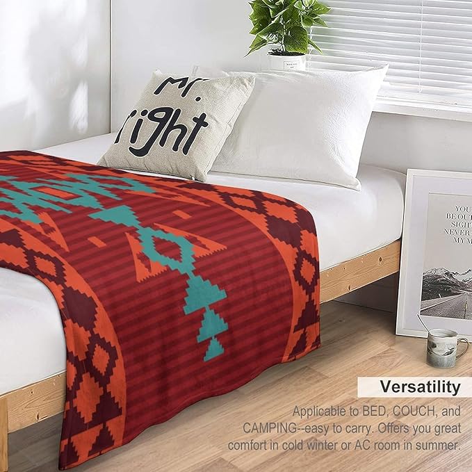Aztec Throw Blanket, Red Native Southwestern Boho Blanket for Couch Bed Chair Outdoor Travel 30"x40"