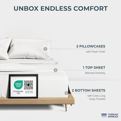 THREAD SPREAD 100% Egyptian Cotton Split King Sheets Sets for Adjustable Bed - Luxury 1500 Thread Count Split Top King Sheets (5 PC, White), Silky Soft, Cooling, Sateen Weave 17" Deep Pocket Sheet Set