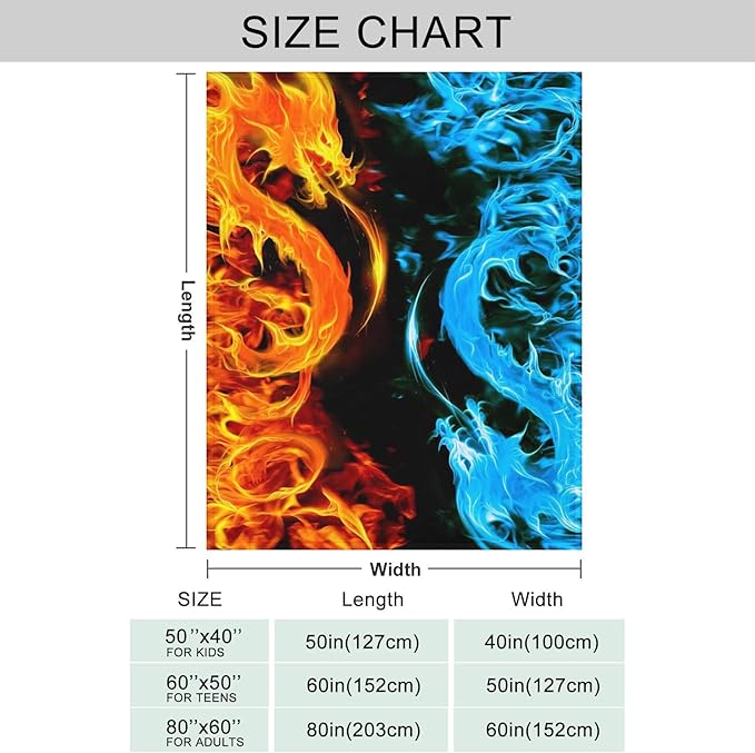 Ice & Fire Dragon Throw Blanket for Couch, Super Soft Fuzzy Throws Warm Comfortable Plush Fleece Blanket, Fashion Decorative Flannel Fleece Blanket for All Season(60 x 80 in, Ice & Fire Dragon)