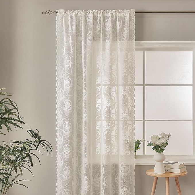 Ivory Vintage Country Floral Lace Sheer Curtains 96 Inches Long -Rod Pocket Light Filtering French Privacy Scalloped Edges Rod Pocket Boho Bedroom ，52 x 96 Inch, 2 Panels