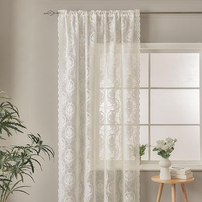 Ivory Vintage Country Floral Lace Sheer Curtains 96 Inches Long -Rod Pocket Light Filtering French Privacy Scalloped Edges Rod Pocket Boho Bedroom ，52 x 96 Inch, 2 Panels