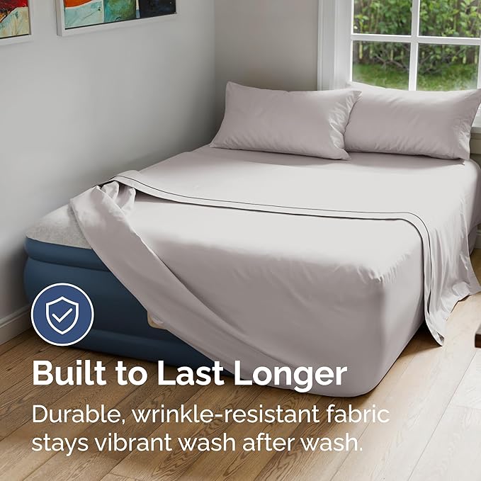 Air Mattress Sheet Set for Queen Size - 4 Piece Breathable & Cooling Sheets w/Extra Deep Pockets - Fits Inflatable & Blow Up Air Mattresses Up to 24 Inches Thick - Soft & Wrinkle Free - Light Grey
