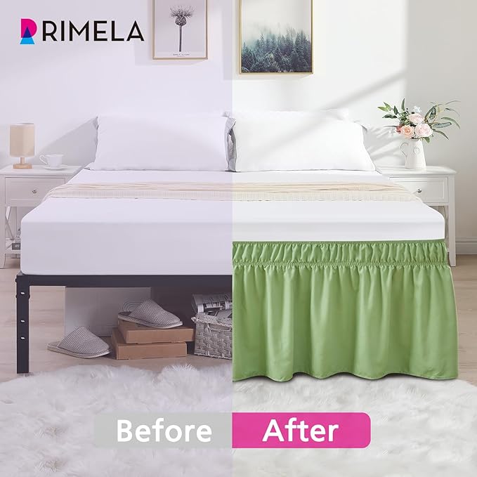RIMELA Light Green Bed Skirt Twin Size 15 Inch Drop, Elastic Bed Skirting, Bedding Dust Ruffle Easy to Install, Hotel Quality Wrap Around Bedskirt, Bedroom Decor