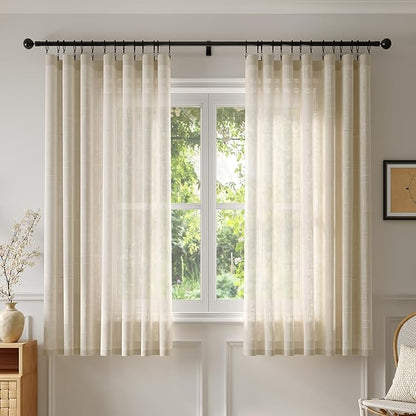 Anmao Natural Linen Curtains for Living Room 45 Inch Length 2 Panels Set, Light Filtering Semi Sheer Window Curtain Drapes for Bedroom with Curtain Rings and Clips, 52 Inch Wide Each Panel, Ecru