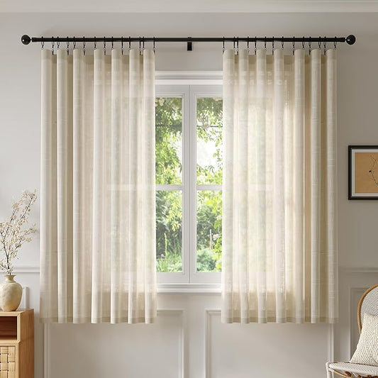 Anmao Natural Linen Curtains for Living Room 45 Inch Length 2 Panels Set, Light Filtering Semi Sheer Window Curtain Drapes for Bedroom with Curtain Rings and Clips, 52 Inch Wide Each Panel, Ecru