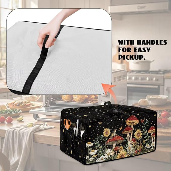 Microwave Oven Dust Cover Waterproof Toaster Oven Cover Foldable Polyester-Linen Small Appliance Dust Covers Suitable with Storage Bags, Mushroom Sunflower Daisy Star Butterfly Print, S