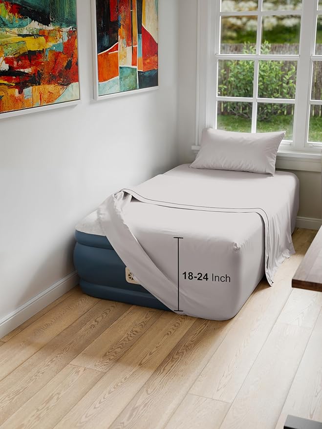 Air Mattress Sheet Set for Twin Size - 3 Piece Breathable & Cooling Sheets w/Extra Deep Pockets - Fits Inflatable & Blow Up Air Mattresses Up to 24 Inches Thick - Soft and Wrinkle Free - Light Grey