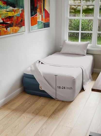 Air Mattress Sheet Set for Twin Size - 3 Piece Breathable & Cooling Sheets w/Extra Deep Pockets - Fits Inflatable & Blow Up Air Mattresses Up to 24 Inches Thick - Soft and Wrinkle Free - Light Grey