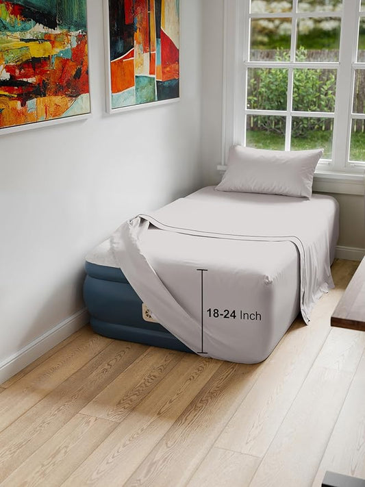 Air Mattress Sheet Set for Twin Size - 3 Piece Breathable & Cooling Sheets w/Extra Deep Pockets - Fits Inflatable & Blow Up Air Mattresses Up to 24 Inches Thick - Soft and Wrinkle Free - Light Grey