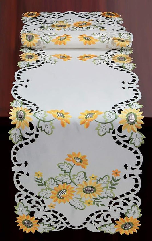 Creative Linens Sunflower Table Runner 15x69 Embroidered Cutwork Dresser Scarf White
