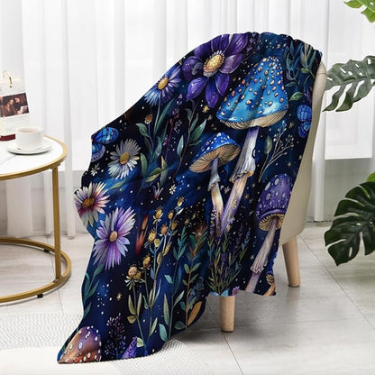 Cute Whimsical Mushroom Throw Blanket Aesthetic Dark Botanical Florals Throw,Witchy Gifts for Women,Gothic Gifts,Soft Cozy Warm Moth Witchy Plush Blanket Throw for Women Girls Mom 70"x80"