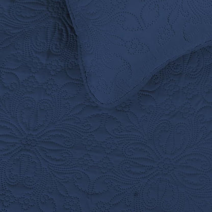 Easy-Going King Size Reversible Quilt Set with 1 Quilt and 2 Pillow Shams, Soft Bed Quilt Cover, Water Resistant Lightweight Microfiber Bedspread, Stain Resistant, Damask-Dark Blue/Light Blue