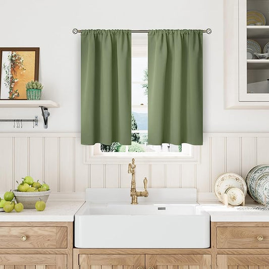 BGment Olive Green Blackout Kitchen Curtains 45 Inches Long - Short Thermal Insulated Drapes with Rod Pocket Privacy for Bathroom Window Over Sink, 34 x 45 Inch, 2 Panels