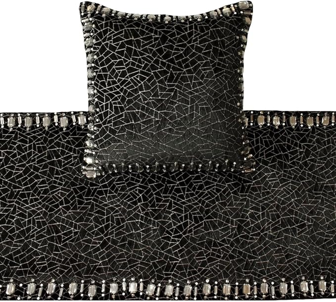 The HomeCentric King/Queen/Twin Black Decorative Queen 74"x18" Bed Runner with Pillow Cover, Mosaic & Crystal Bed Scarf on Velvet Fabric - Mosaic Noir